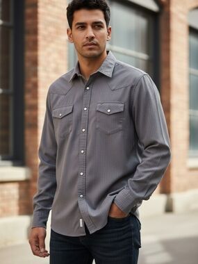 Gibson Men's Gray Pinstripe Long-Sleeve Snap-Down Shirt